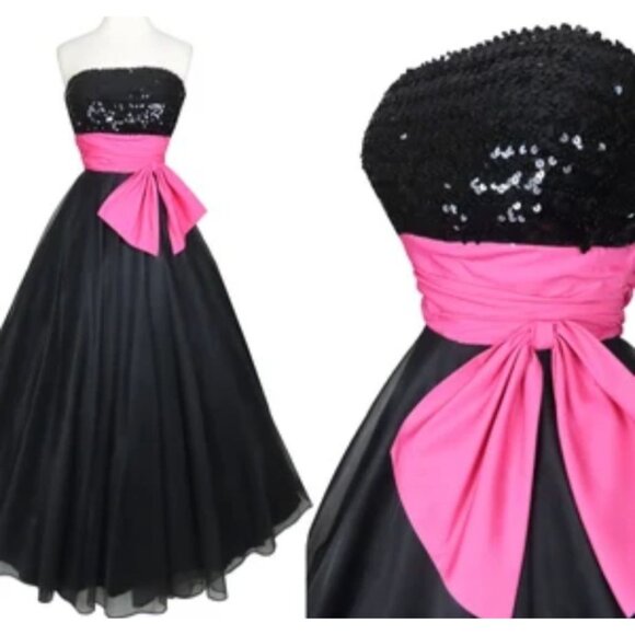 STUNNING Vintage 50s Black Sequin Princess Strapless Organza Ball Gown Size 9 - Picture 7 of 16